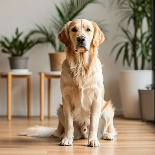A perfectly groomed golden retriever sitting peacefully in a sunlit, modern, sanctuary-like room with plants and soft colors.