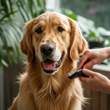 Close up of a golden retriever being carefully groomed with a brush in a high-end sunlit studio with plants